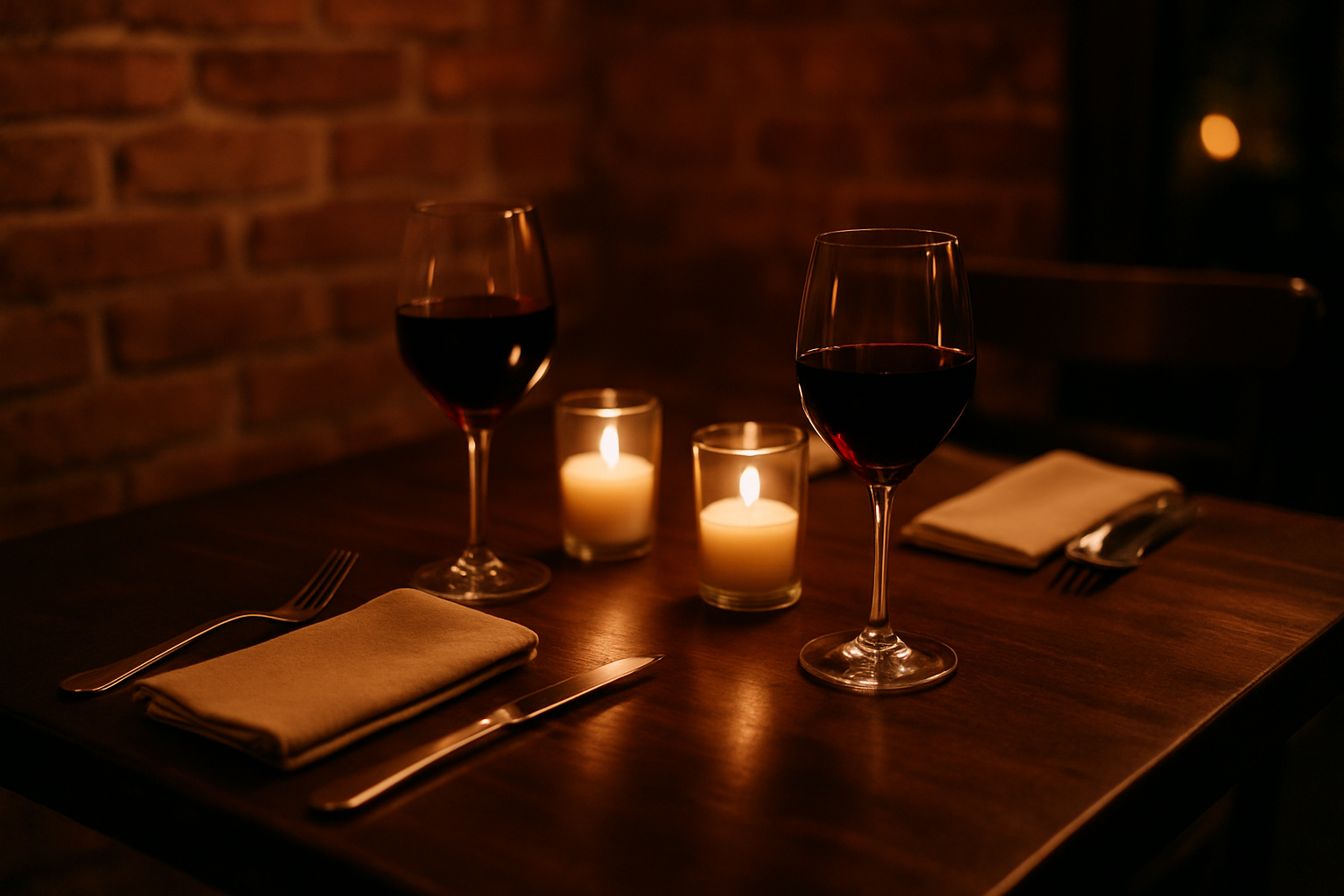 A dark wood table set for two with linen napkins