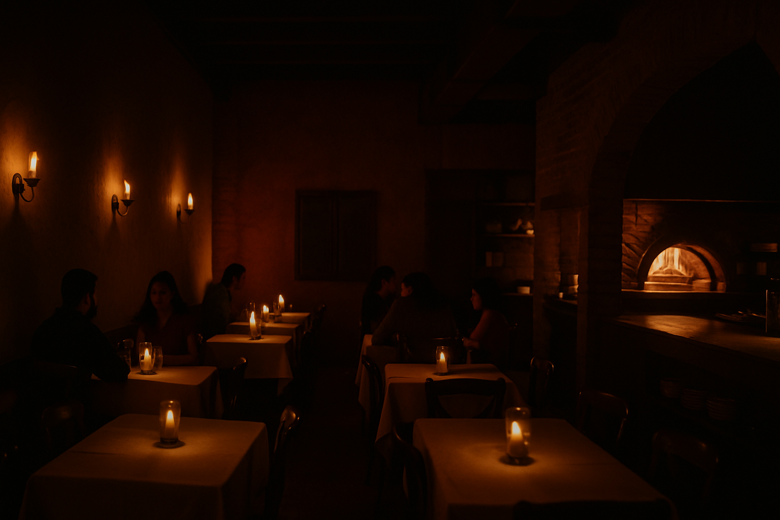 Wide edge-to-edge view of a candlelit Italian trattoria dining room with exposed