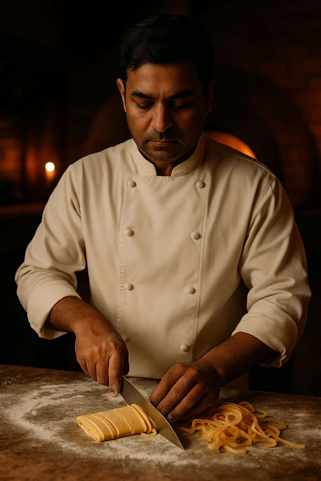 Flour-dusted hands of a chef in whites hand-cutting ribbons of fresh tagliatelle