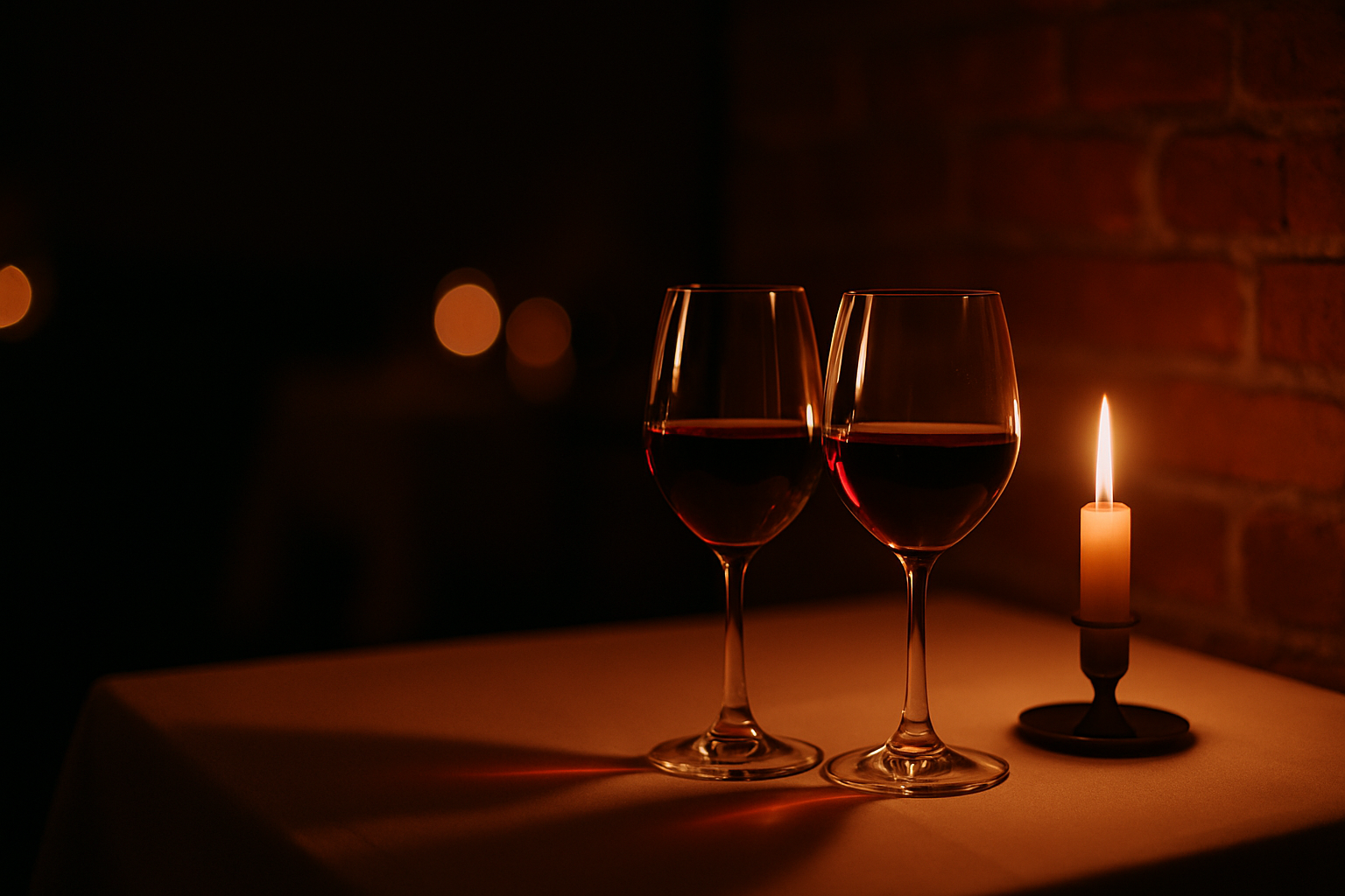 Close-up of a single flickering candle on a parchment-cream linen tablecloth