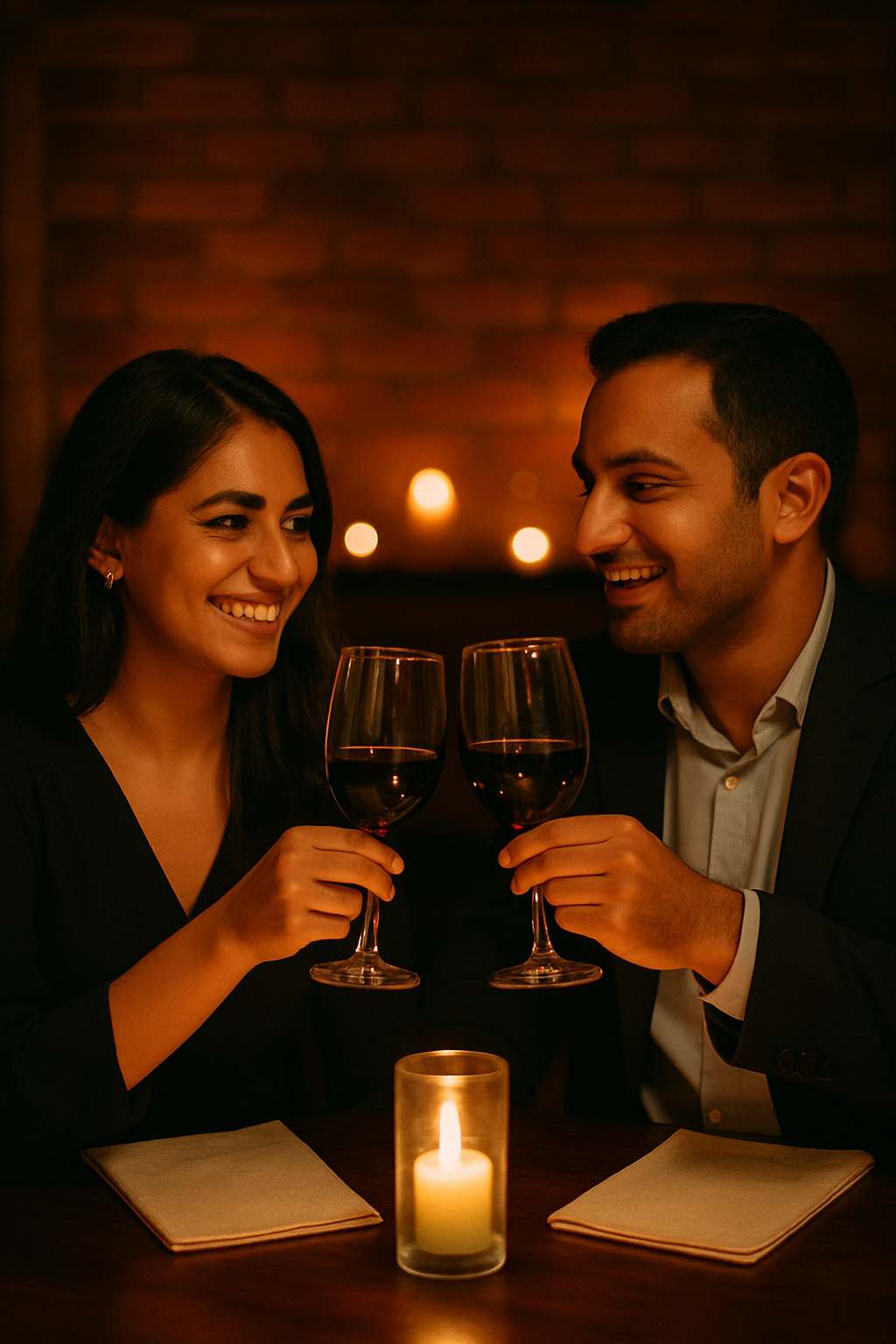 A smiling couple at a dark wood table set with linen napkins