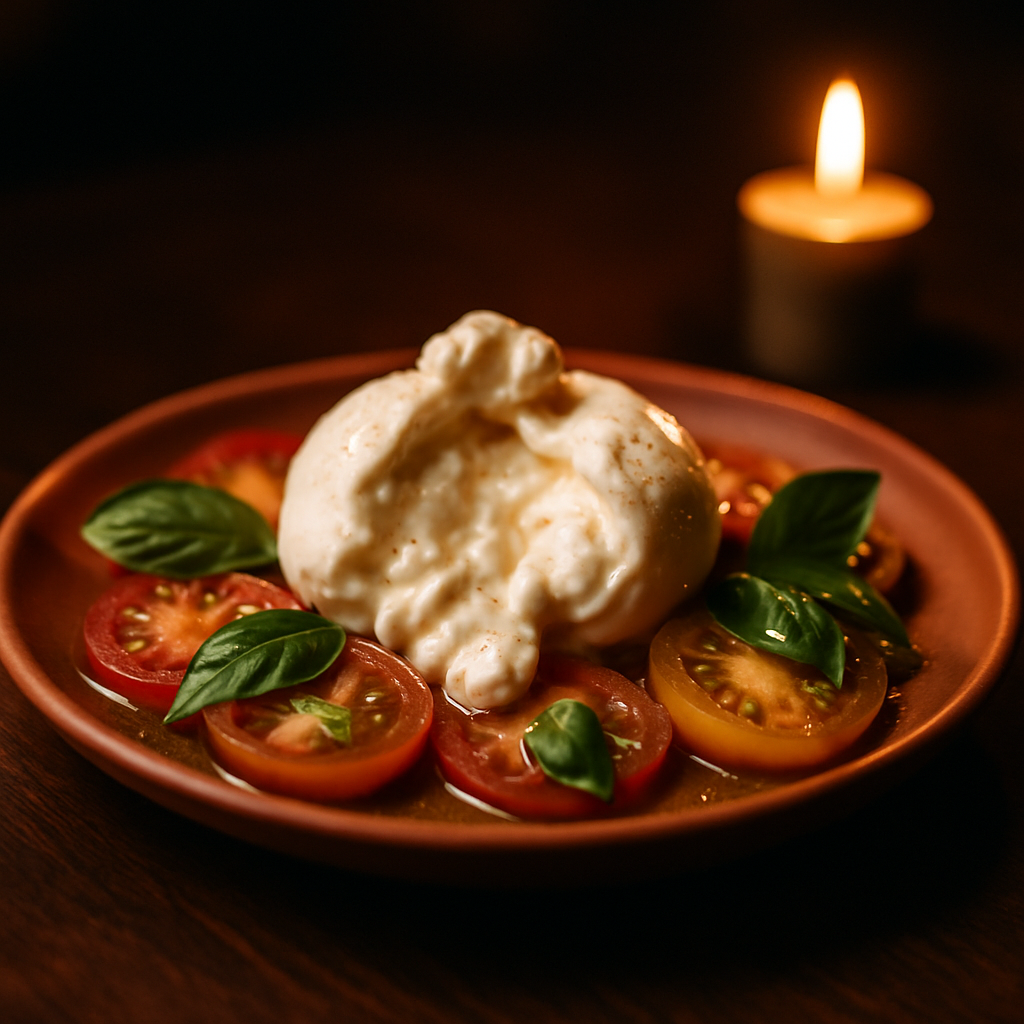 Torn burrata on a terracotta plate with red and amber heirloom tomatoes
