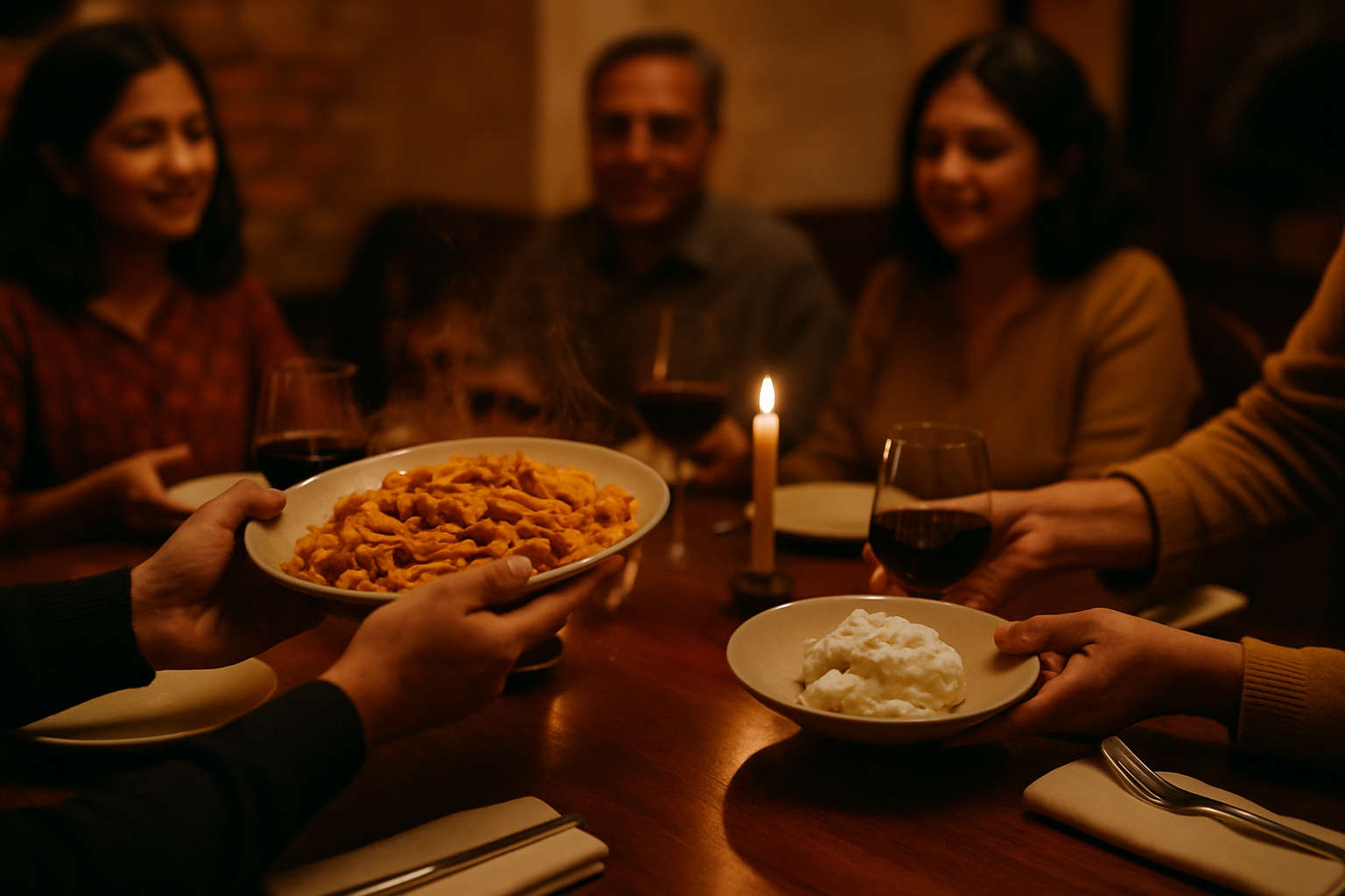 A family passing platters of fresh tagliatelle and burrata along a long wooden
